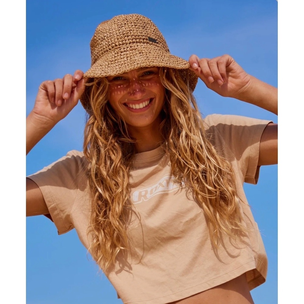 ROXY Waves Song Woven Bucket Hat M/L Natural Paper Beach Sun Hat ERJHA04230